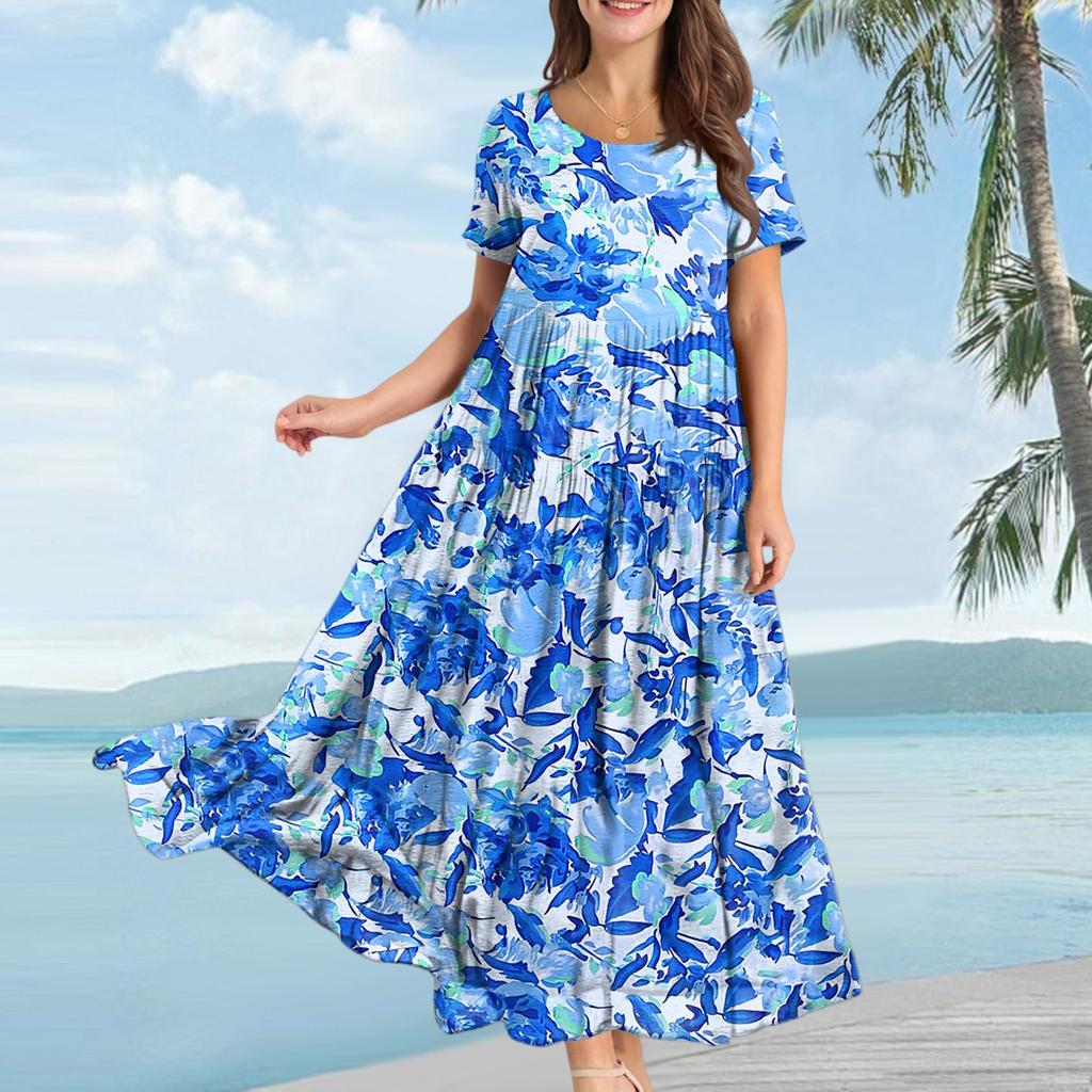 Women Casual Loose Bohemian Floral Dress Short Sleeve Long Maxi Summer Beach Swing Dress