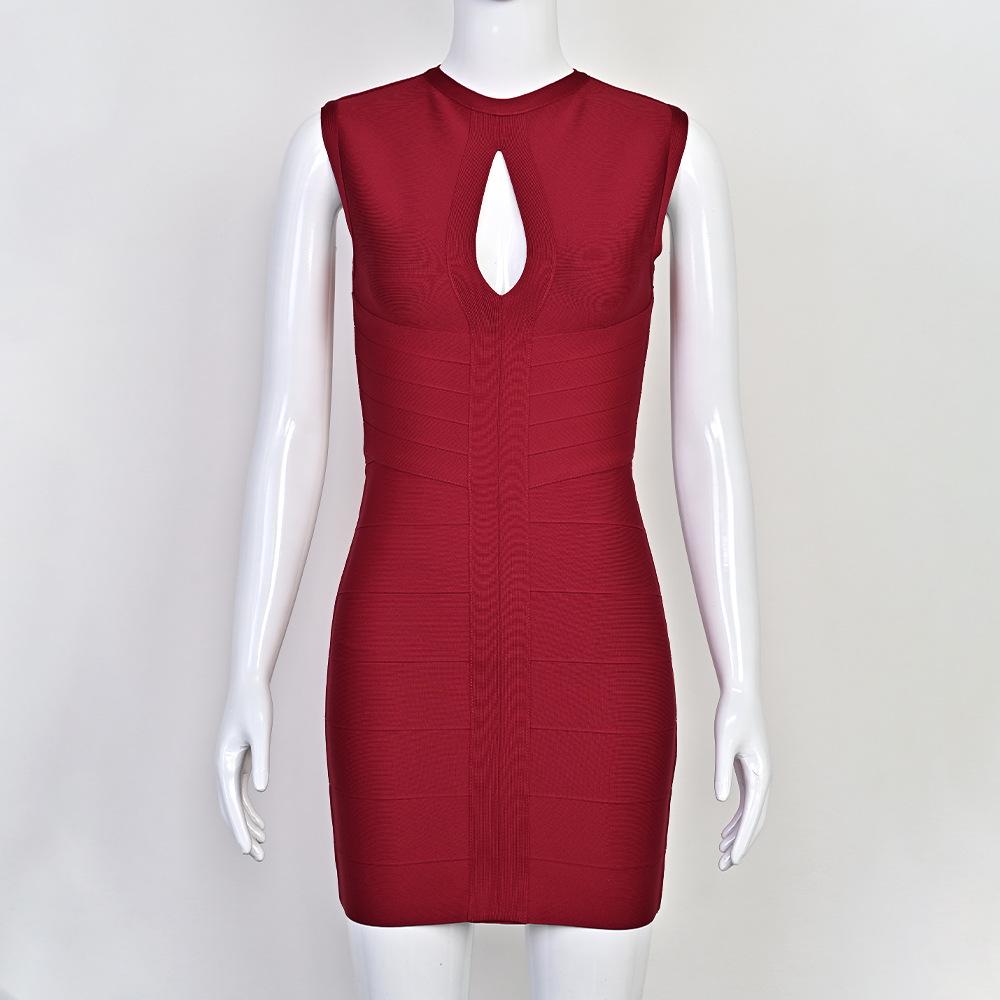 Elegant Sleeveless Burgundy Striped Bandage Dress - Low Cut & Stretchy Women's Fashion
