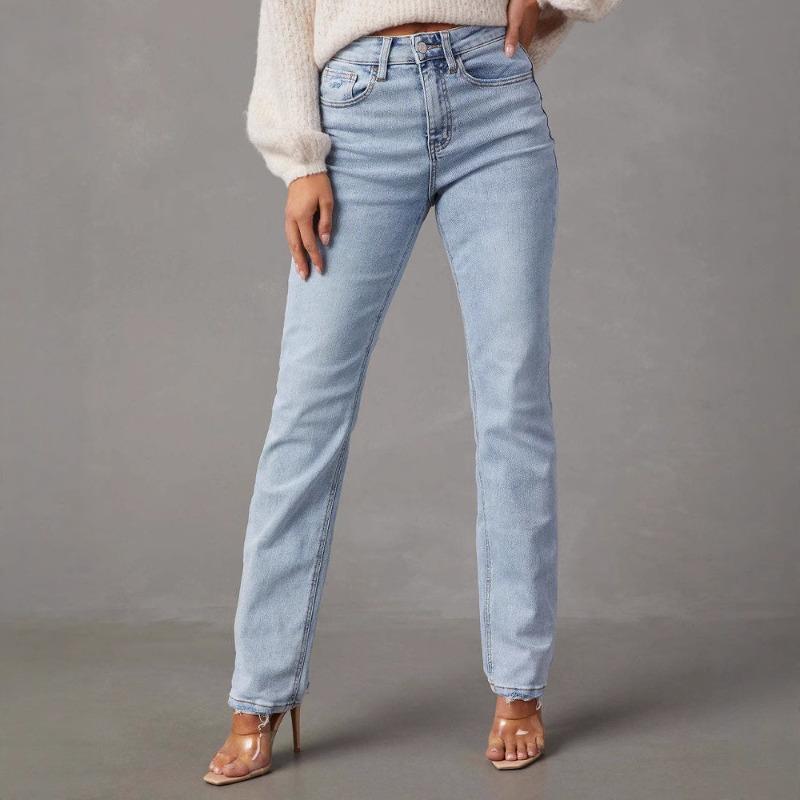 

Весенне-осенние новые джинсы с высокой посадкой светлого цвета, женские, темпераментные, для делового стиля, узкие прямые брюки XXL светло-синий