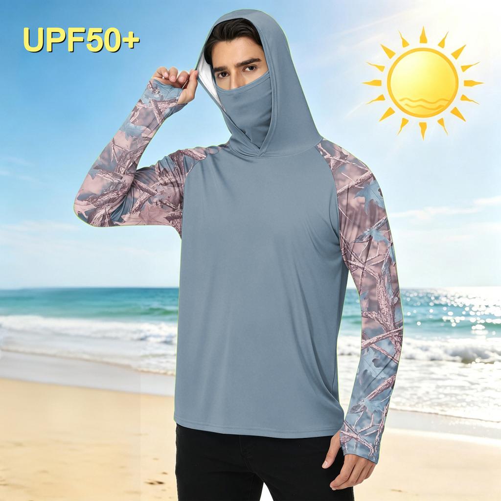 Men's Casual Outdoor Camouflage Print Hoodie Long Sleeve Sun Protection Shirt Lightweight Quick Dry Breathable Fabric for Hiking Fishing