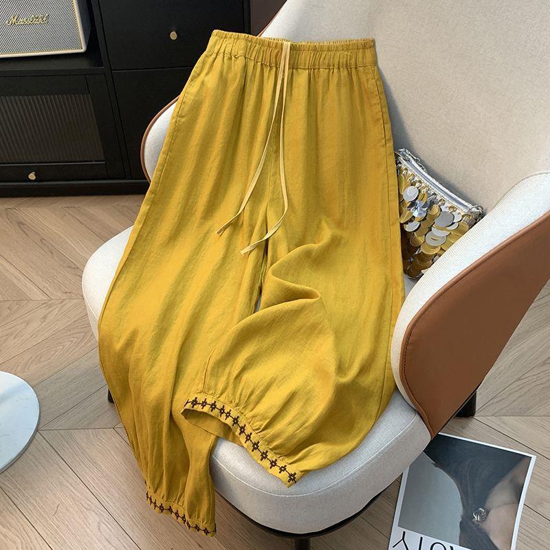 

Retro Embroidered Women s Wide-Leg Linen Pants - Elastic Waist, Solid Color, Casual & Slimming, Cotton-Linen Blend, Cropped for Spring Commuting 2XL (145-160 jin) жёлтый