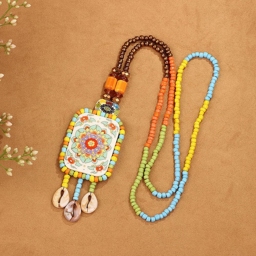 Bohemian Ethnic Long Sweater Chain Necklace for Women, Handmade Woven Retro Tassel Pendant