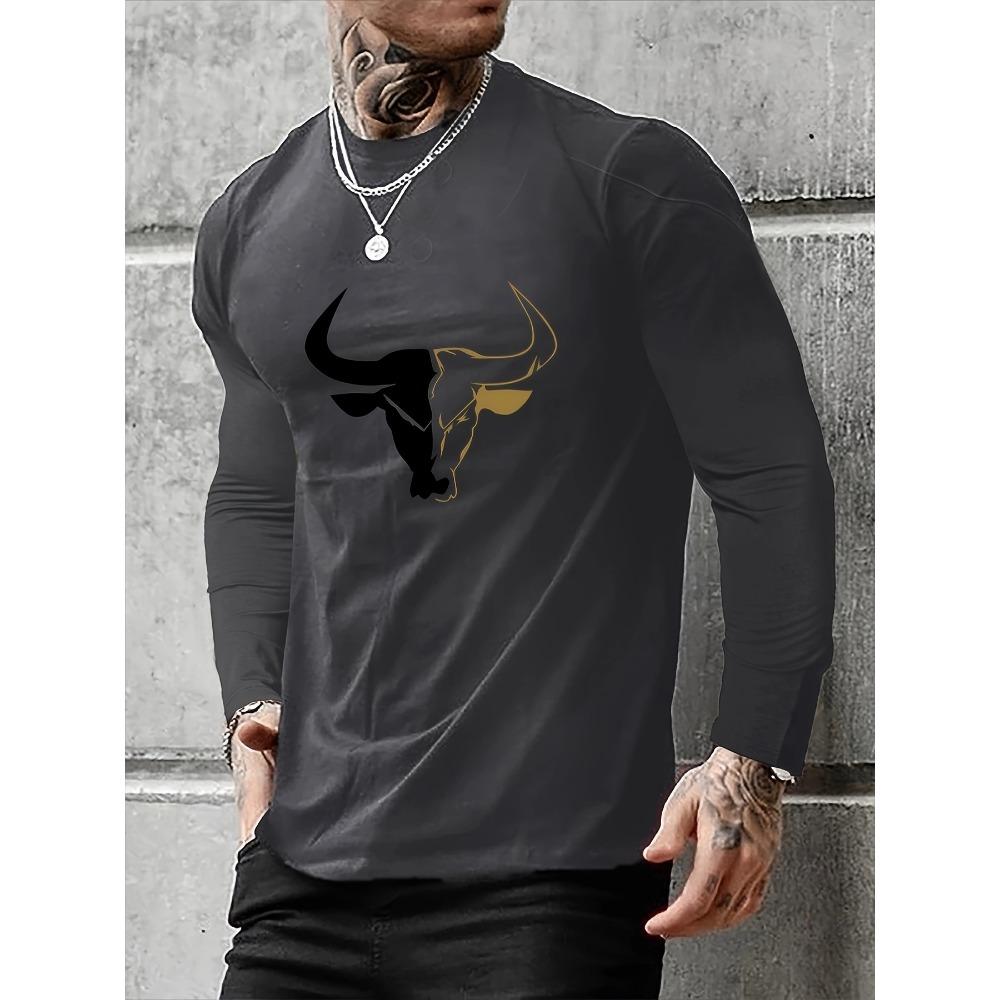 Men's Casual Sports Bull Pattern Printed Round Neck Long Sleeved T-shirt Top