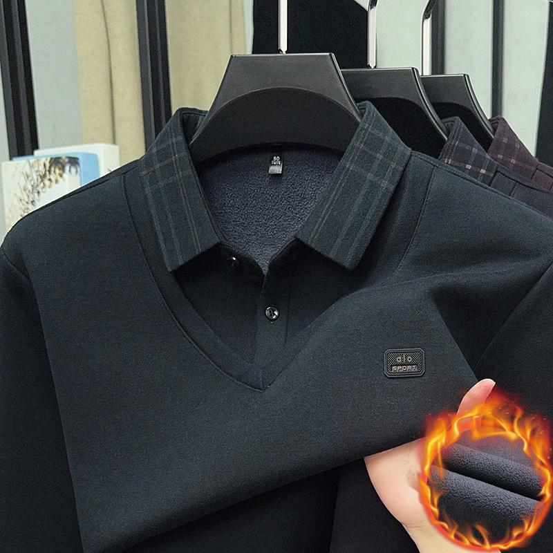 Men's 2025 Winter Premium Long-Sleeve Polo with Wool & Silk Fleece Lining, High-End Casual Base Layer