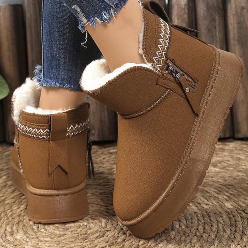 Classic Embroidery Faux Fur Ankle Boots Women Winter Side Zipper Platform Warm Snow Boots Woman Round Toe Non Slip Botas Mujer