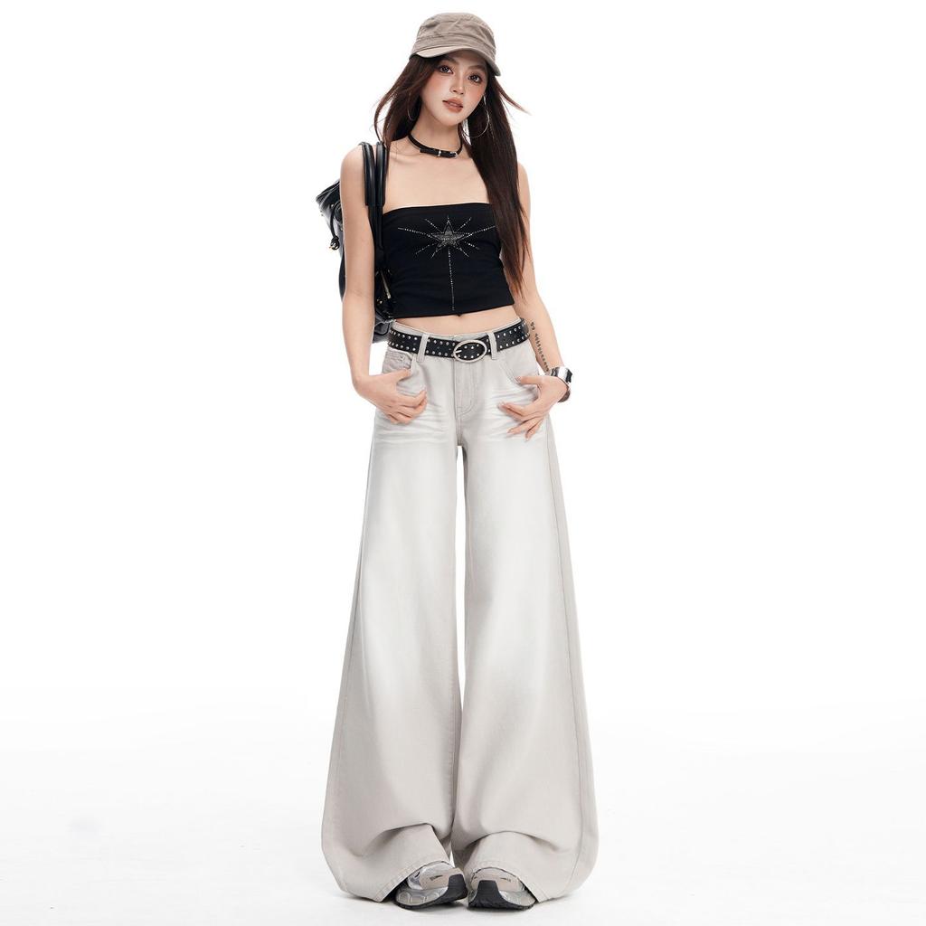 Spring Summer Vintage Sandblast Washed Relaxed Gray Tone Micro Flare Comfy Casual Denim Long Pants Ladies Casual Pants Oversize Denim Trousers