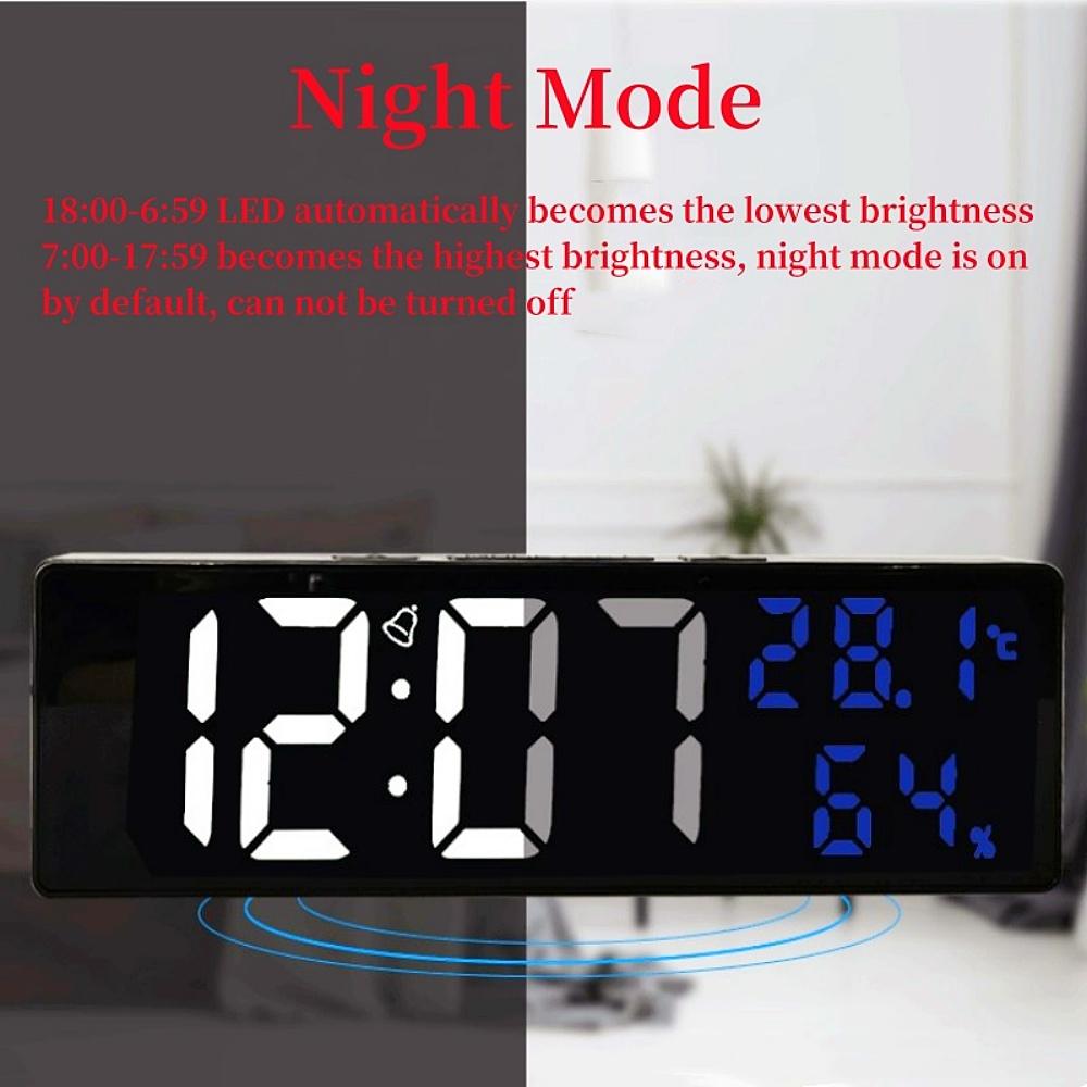 USB-betriebene große digitale Wanduhr TEMP Luftfeuchtigkeit Datum Nachtmodus Helligkeitsdimmung Schlummerfunktion 12/24H LED-Wecker für den Schreibtisch