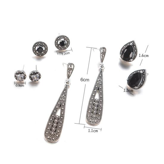 4Pair Antique Teardrop Round Rhinestone Carved Dangle Stud Earrings Jewelry Gift