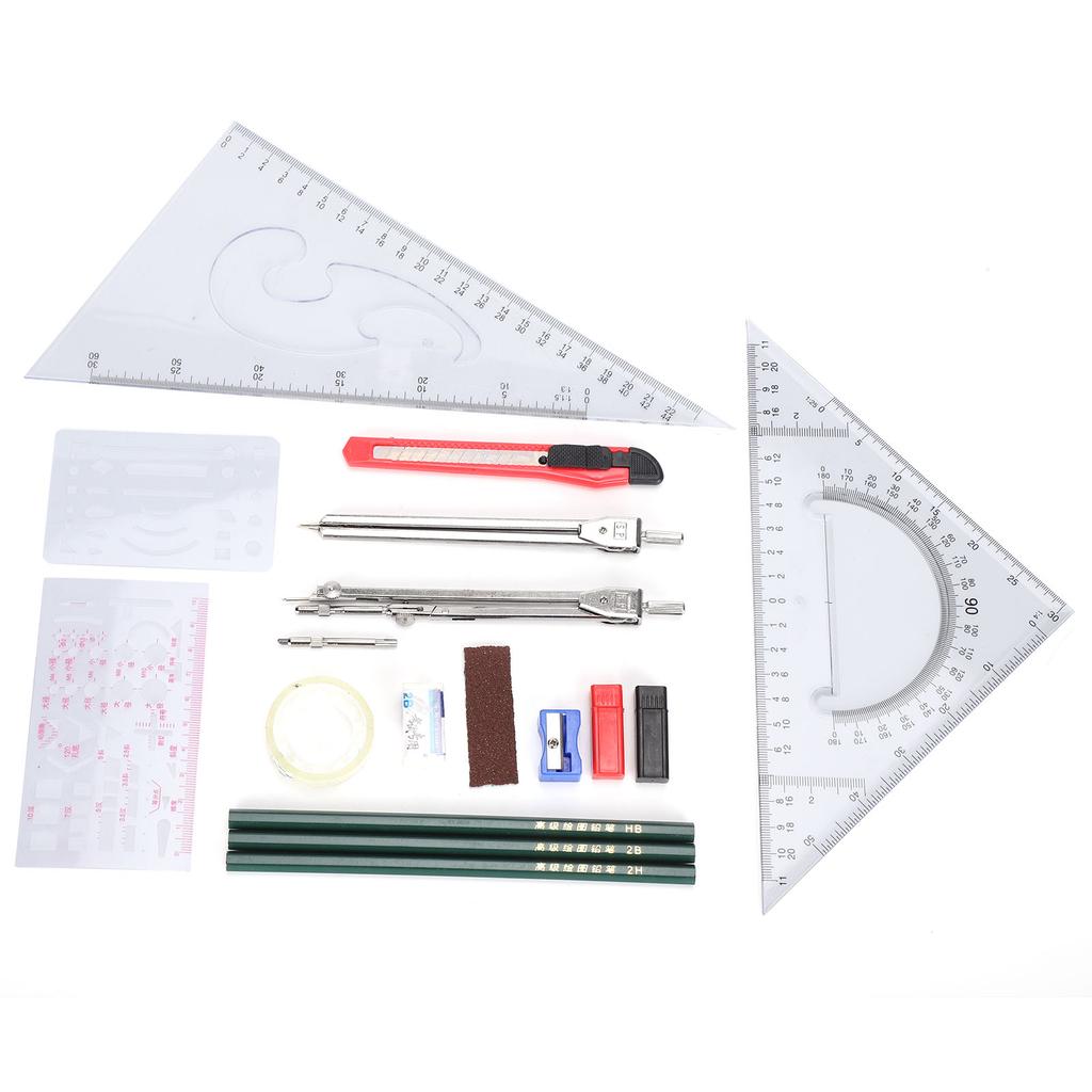 17Pcs Geometry Set Student Supplies Drawing Compass Pencil Rulers Eraser Drawing Kit