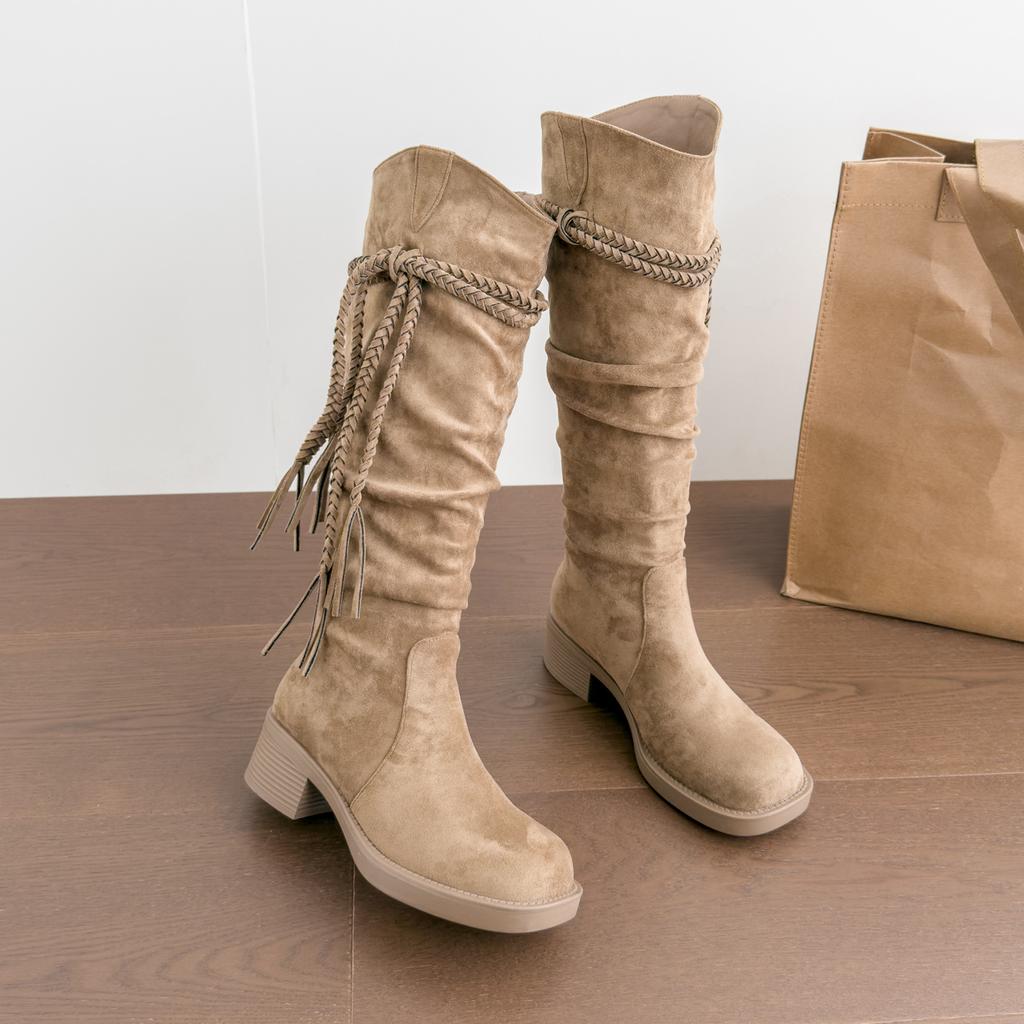 Wasteland wind Egyptian boots~ New fringed thick heel medium and high boots Western cowboy boots Women's stacking boots