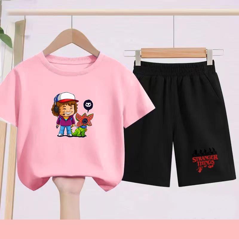 Children's Summer Set with Cartoon Monster Patterns - Boys' and Girls' Sports T-shirts and Casual Short-sleeved Shorts Sets