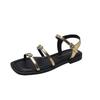 Fashion Summer Sandals Women's Fashion Square Head Shallow Mouth Crystal Metal Buckle Line with Soft Soled Non-slip Flat Shoes