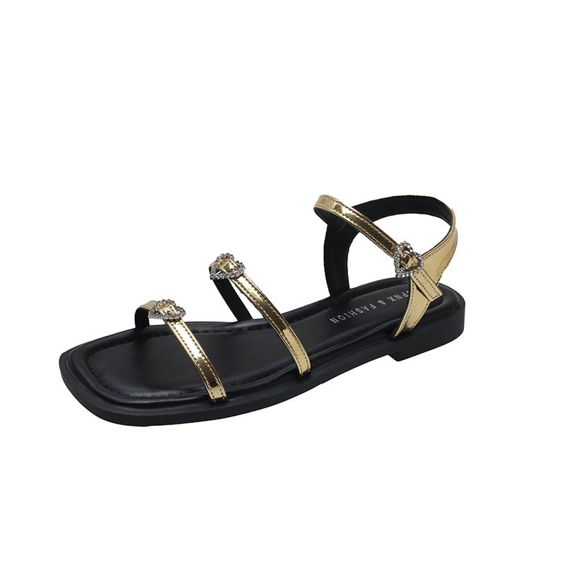 Fashion Summer Sandals Women's Fashion Square Head Shallow Mouth Crystal Metal Buckle Line with Soft Soled Non-slip Flat Shoes