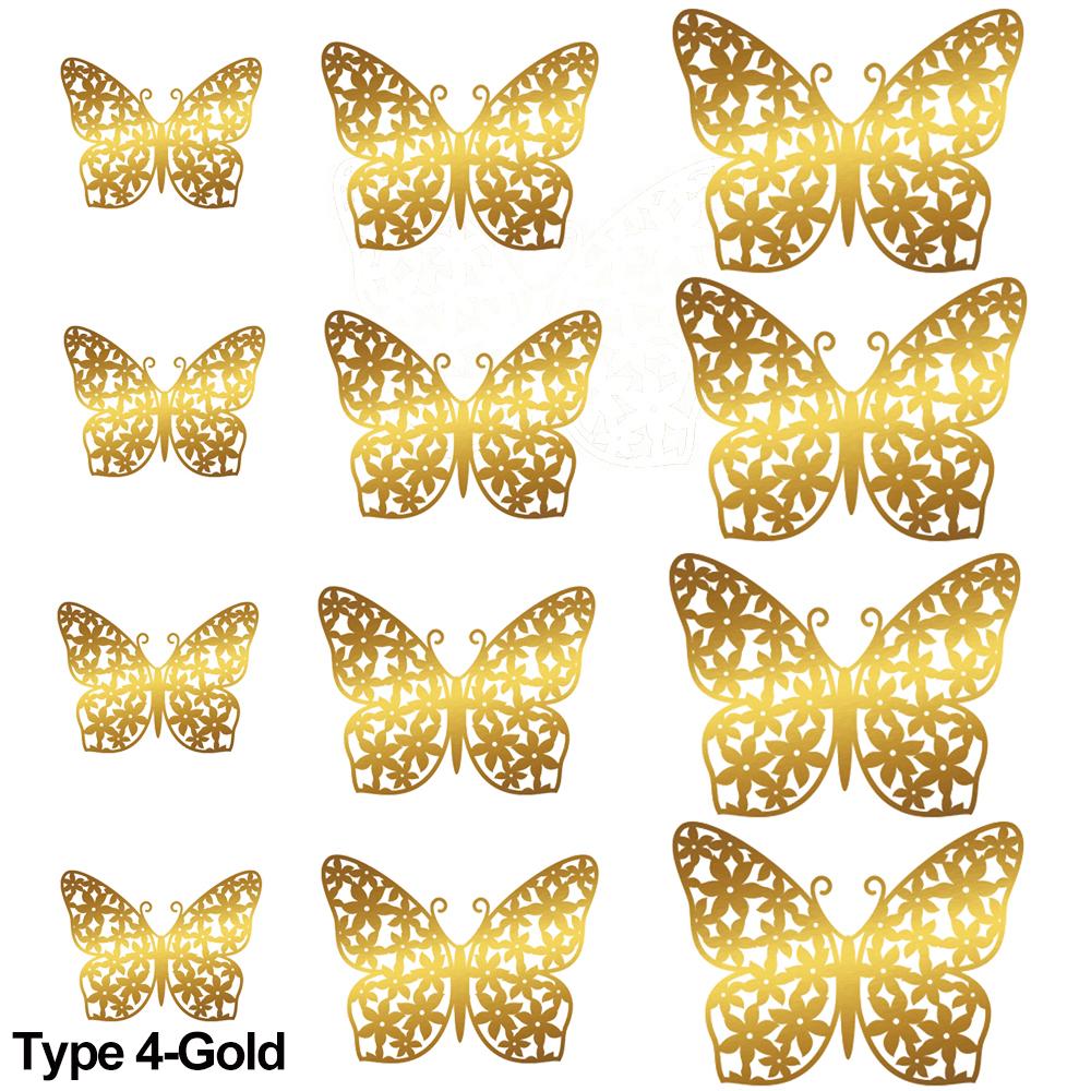 12Pcs/Pack 3D Hollow Out Butterfly Stickers Gold/Silver/Rosegold Mirror Decals Metal Texture Wall Art Wedding Party Supplies