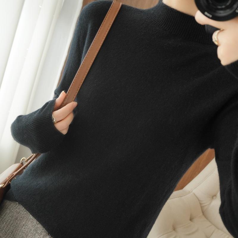 

Осень и зима новый свитер с полувысоким воротником женский флисовый утолщенный внутренний свободный и тонкий теплый топ с низом вязаный свитер XXL чёрный