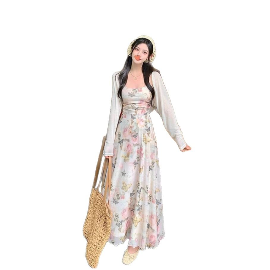 Coffee Break French Floral Suspender Dress Women's Summer Temperament Design Sense Seaside Vacation Long Dress Cardigan Two-piece Set