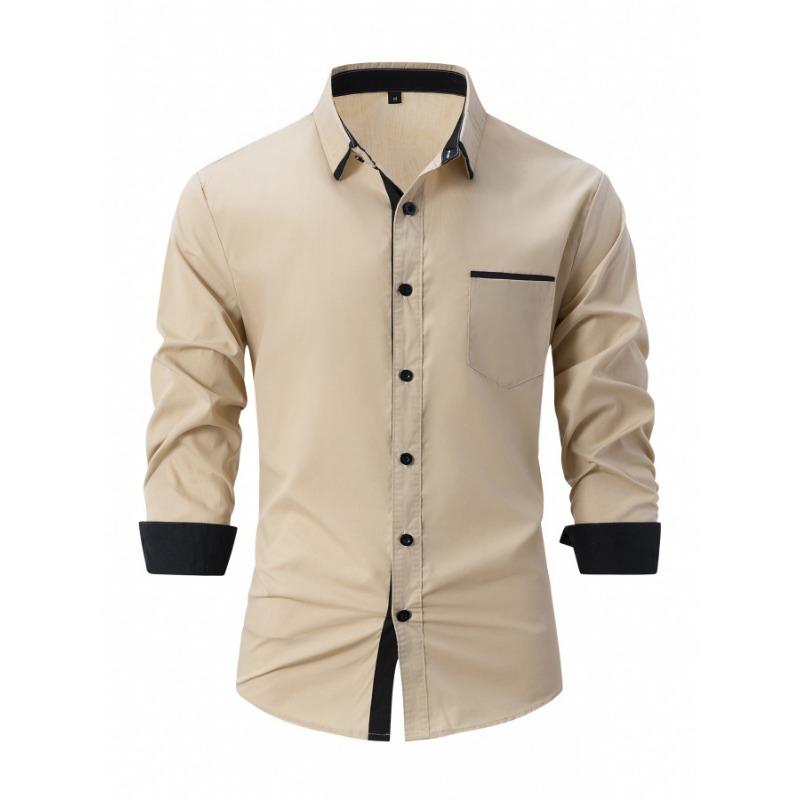 Mens Color Block Business Casual Long Sleeve Loose Fit Shirt