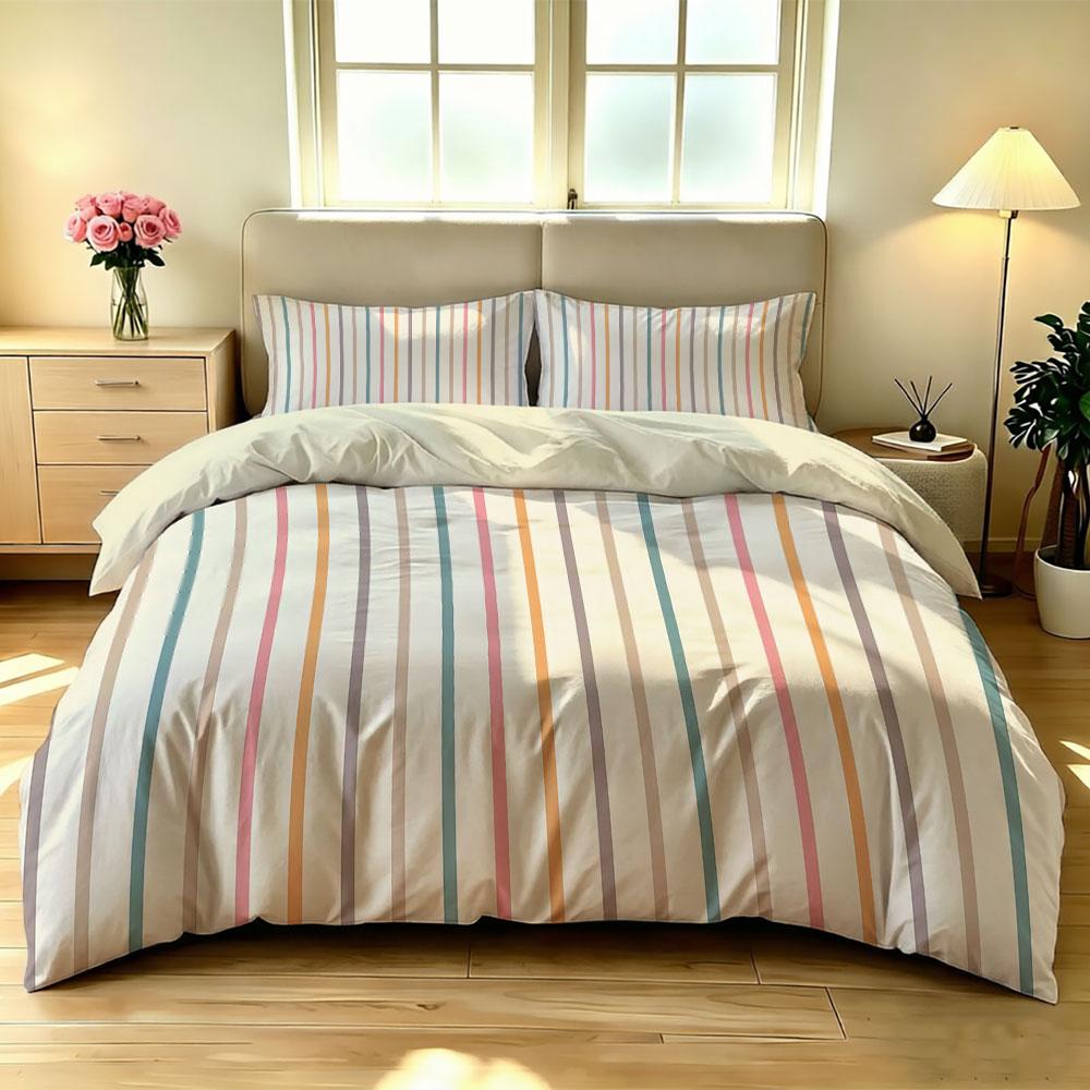 3PCS Simple Retro Colorful Vertical Stripe Duvet Cover Set, Soft Decorative Bedding, Machine Washable, Without Comforter Inse