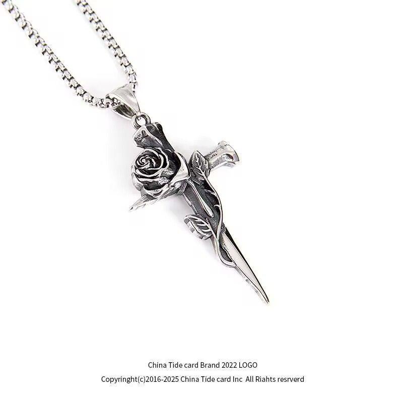 Rose Cross Pendant Necklace for Couples, Vintage Chinese Style Jewelry