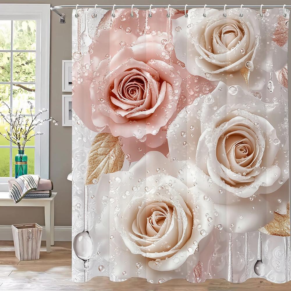 Pink Flower Shower Curtain For Women Bridal Wedding, Pink Flowers Romantic Suitable For Girls Hanging Curtain With Hooks