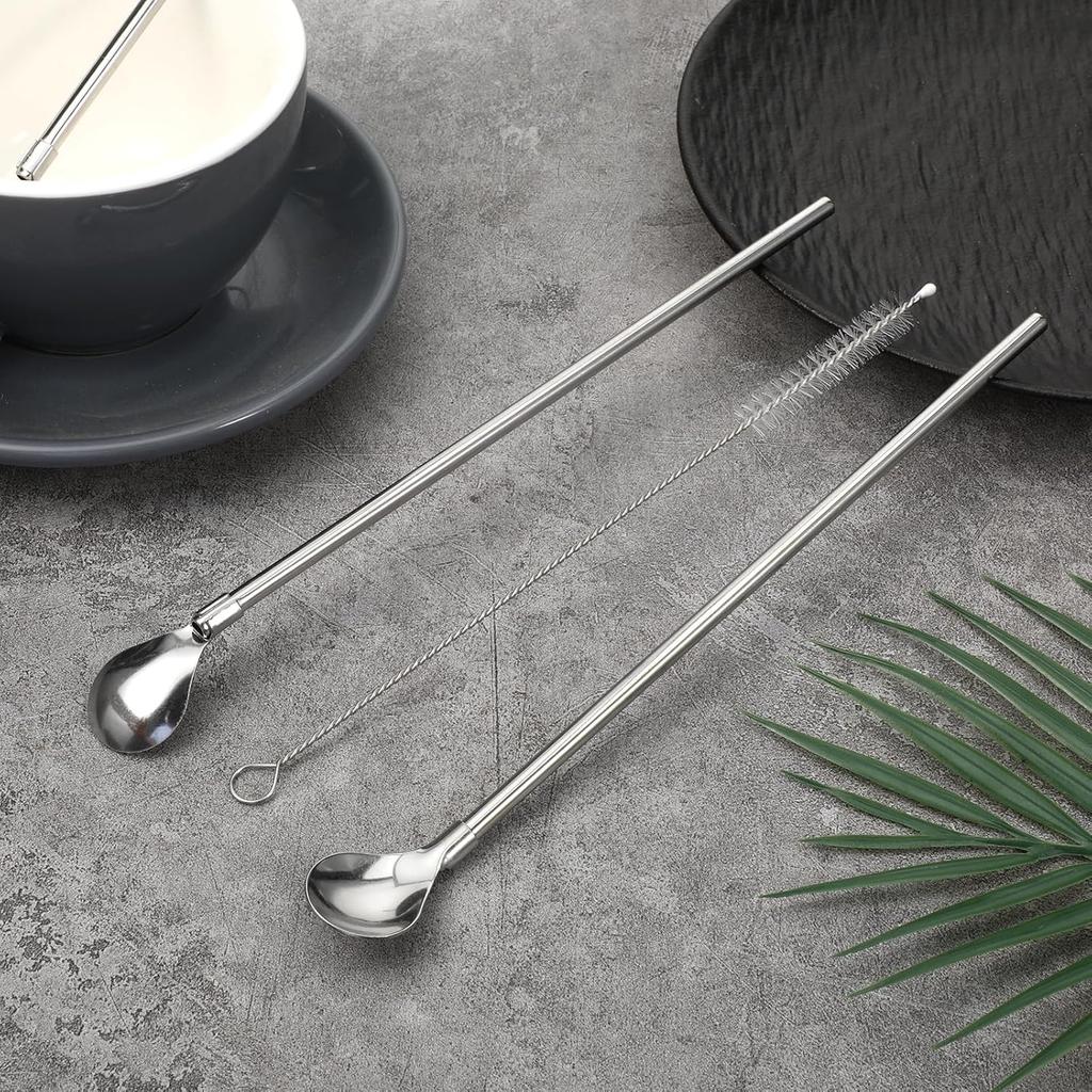 6 Pieces Stainless Steel Spoon Straws, Spoon Straw with 1 Cleaning Brush
