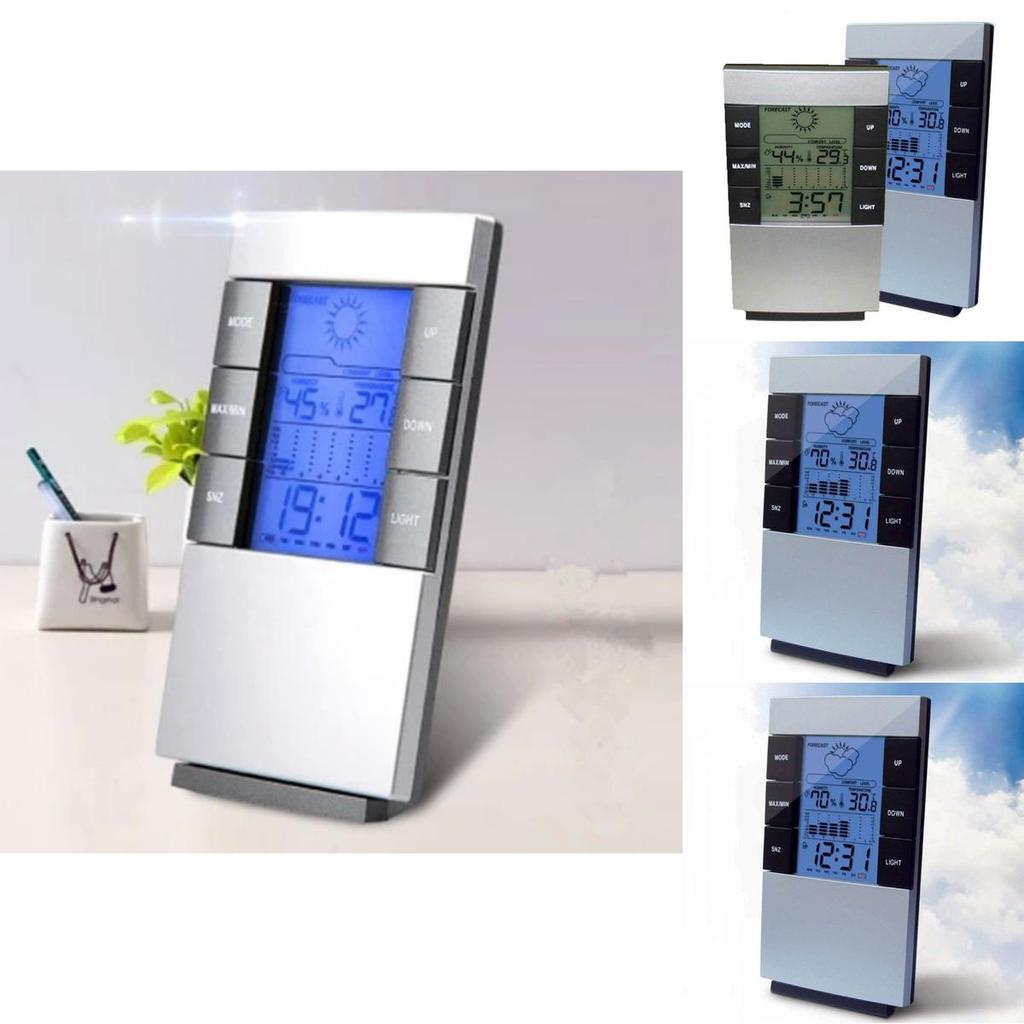 Igrometro Termometro Digitale LCD Misuratore di Umidità Previsioni Meteo Orologio Sveglia Con Calibrazione Automatica e Display Retroilluminato Blu