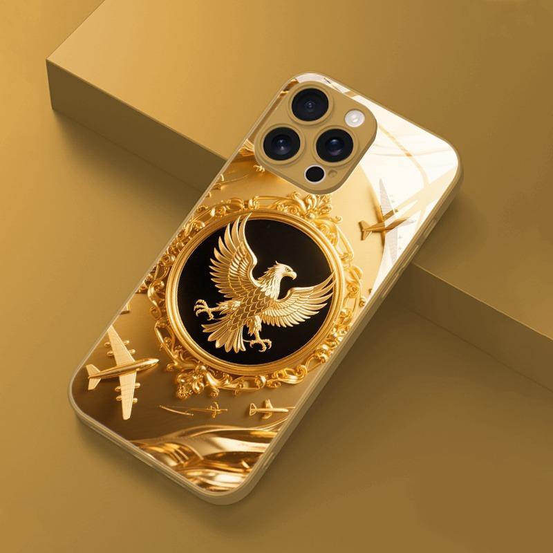 Adler Goldenes Flugzeugmuster Metallische Farbe Gehärtetes Glas Handyhülle Für iPhone 11 12 13 14 15 16 17 Pro Max Plus 17Air 16E Hülle
