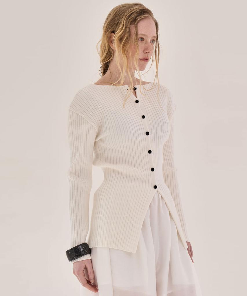 GRIDAJ Cotton Blended Boat Neck Cardigan _ Ivory