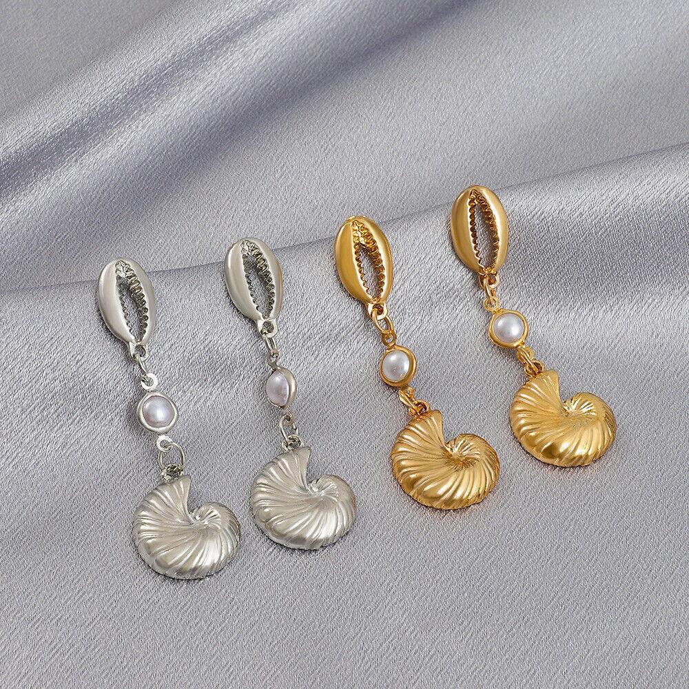 Muschel-Ohrringe für Damen - Gold/Silber Metallic Boho Perlen-Hängeohrringe, Sommer Strand Nautisches Tropfen-Ohrring-Set mit Muschel-Anhänger