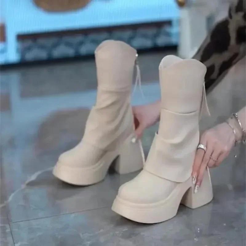 2025 Autumn Winter Women Shoes Leather Short Boots for Women Round Toe Chunky Heel Boots Zipper Ankle Boots Female Platform Heel
