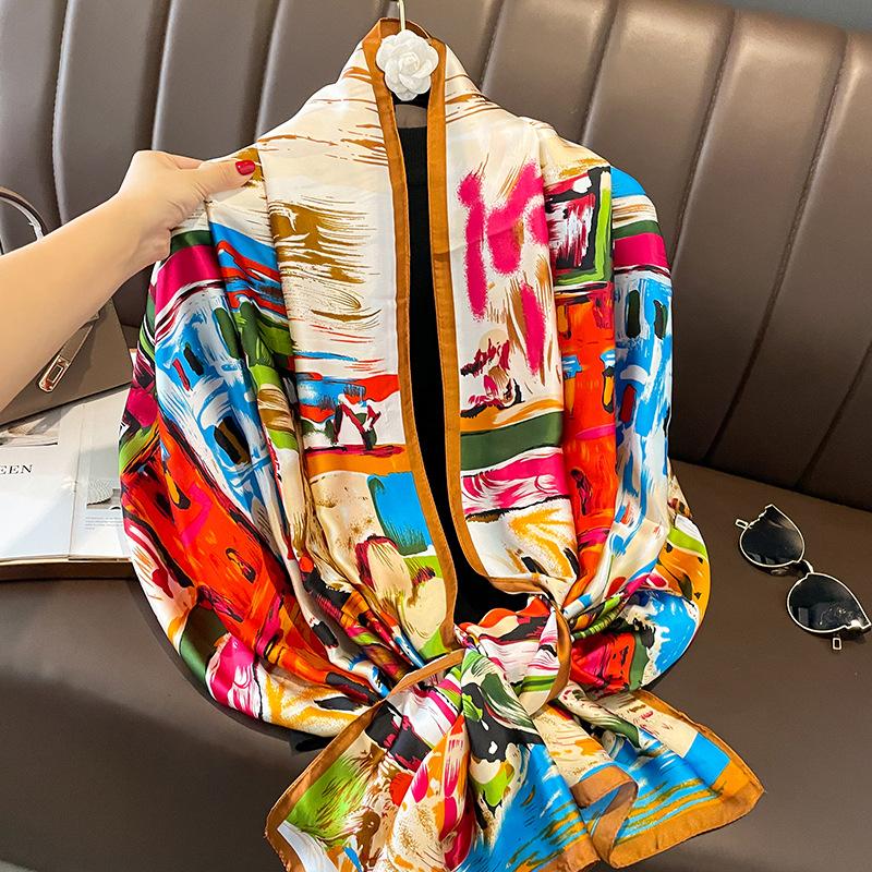 Painting Floral Design 100% Silk Feeling Scarf For Women 180X90Cm Shawl Wraps Luxury Female Hijab Headband Foulard Beach Stoles