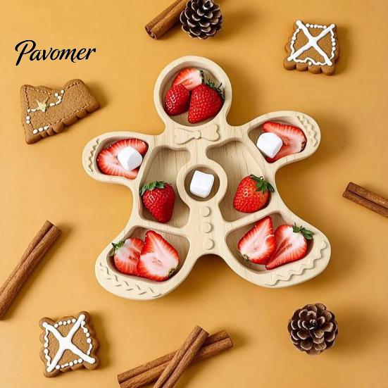 Solid Wood Fruit Bowls Wooden Christmas Divided Tray, Gingerbread Man Santa Xmas Tree Compartment Snack Rustic Kitchen Table Decor Platter,