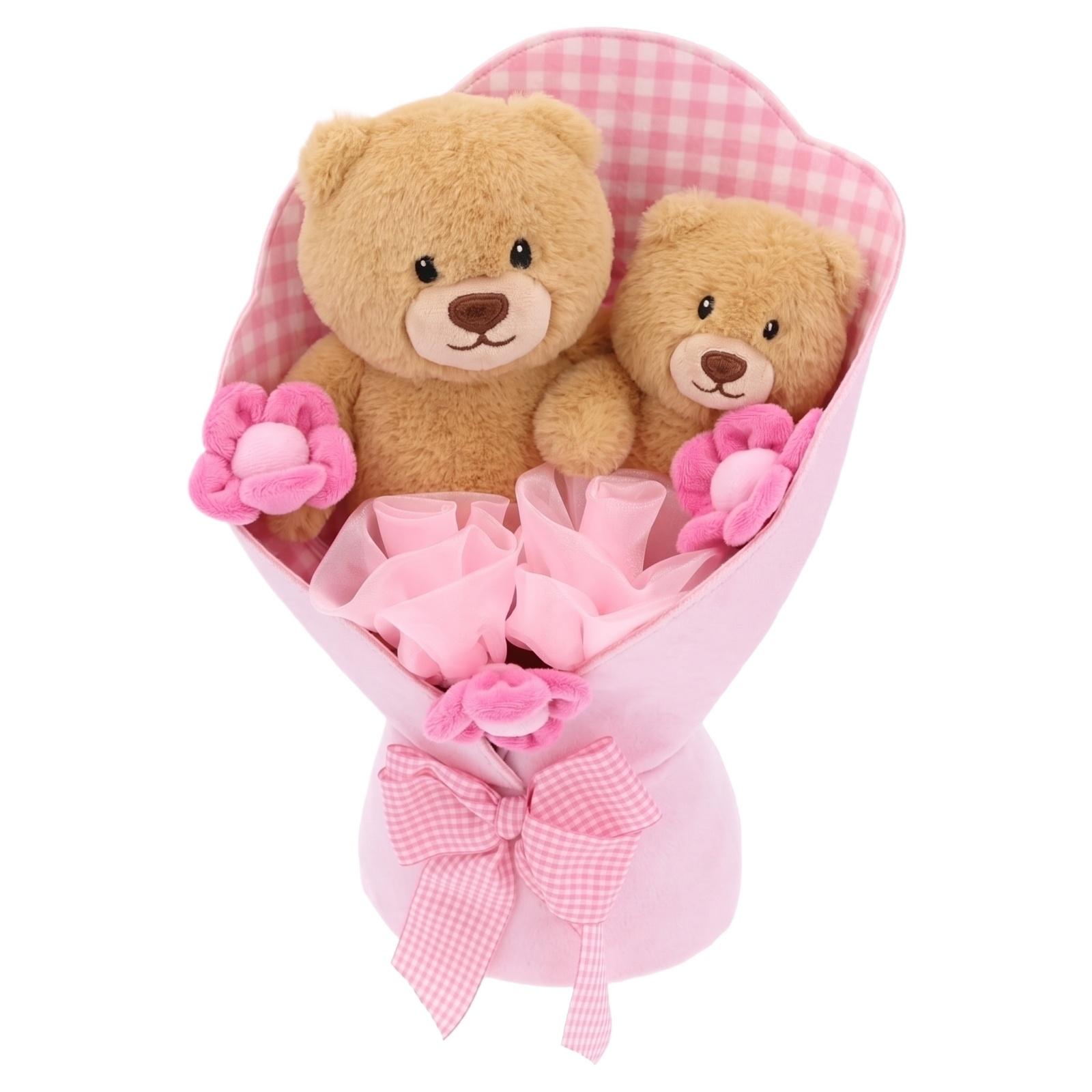 

Soft Plush Bear Toy Bouquet Gift Set Two Stuffed Teddy Bears Wrapped in Fabric with Decorative Bow and Flower Accents for Home Decor or Gift Giving One Size