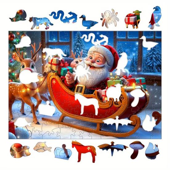 1 Set Puzzle din Lemn de Crăciun Vacanță de Iarnă Moș Crăciun Reni Sanie Puzzle Jucărie Educativă Decor pentru Casă