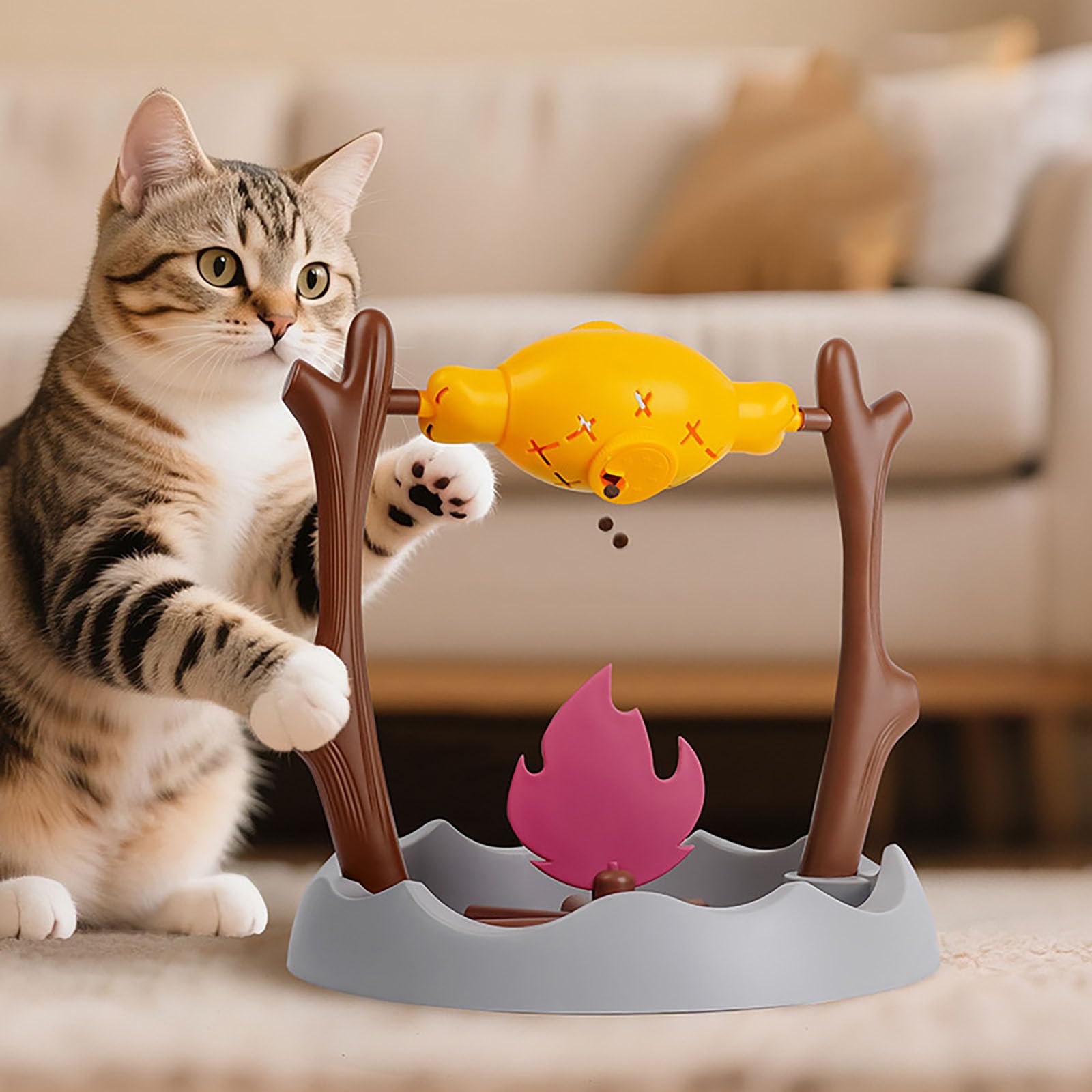 

Dispenser, Dry Food Dispenser, Slow Feeder, Unique Rotatable Roast And Flame, Interactive Slow Food Puzzle Feeder For Indoor Cats Dogs Puppy (Brown) One Size