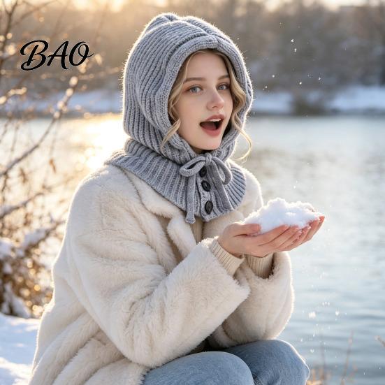 Cozy Knit Hat Women Hooded Scarf for Winter, Pullover Balaclava Hood Thermal Ear Protection Cap with Adjustable Drawstring, Warm Neck Gaiter