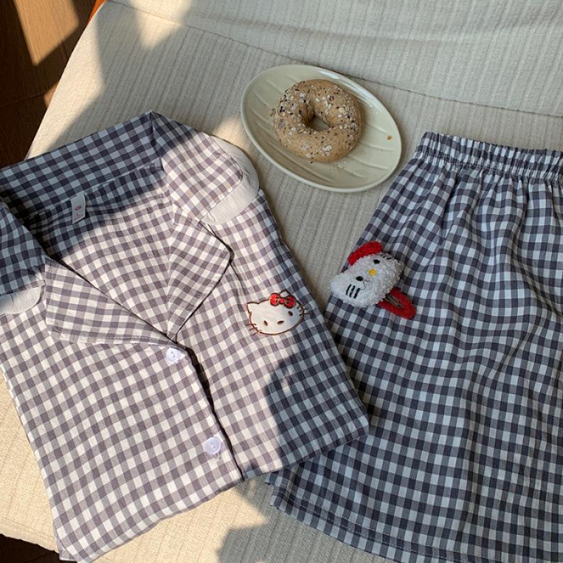 Girls Summer Short-Sleeve KT Cat Plaid Pajama Set XXL
