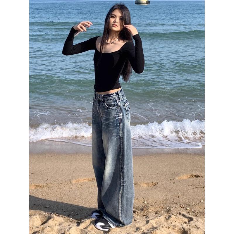 Y2k Vintage Streetwear Hohe Taille Weite Beinhose Jeans Retro Grunge Casual HipHop Übergroße Baggy Denim Hose