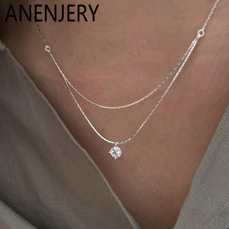 

ANENJERY Круглая подвеска с цирконом Двухслойное ожерелье для женщин Простое элегантное Ожерелье-цепочка на ключицу Темпераментные украшения Подарок Оптом серебряный