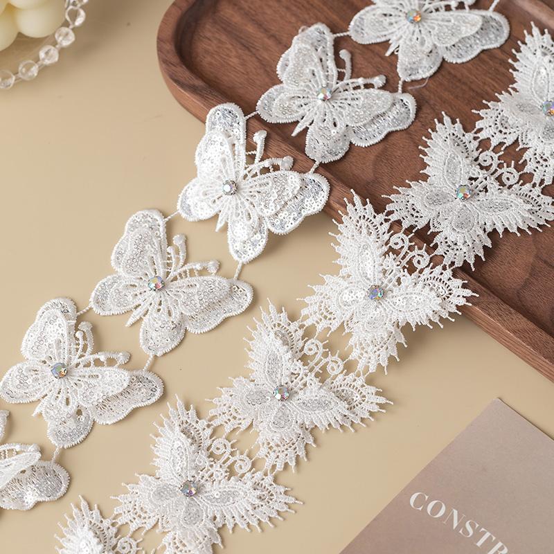 3D Butterfly Lace Trim Fabric Rhinestone Sewing Accessories For Wedding Dress Clothing Diy Crafts Supplies Flower Decor Ribbon