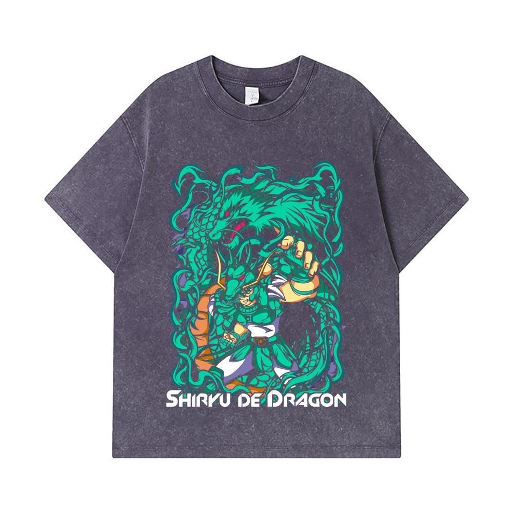 275 GSM Washed T-shirts 100% Cotton Saint Seiya V16 Shiryu Print Unisex Heavy Cotton T Shirt