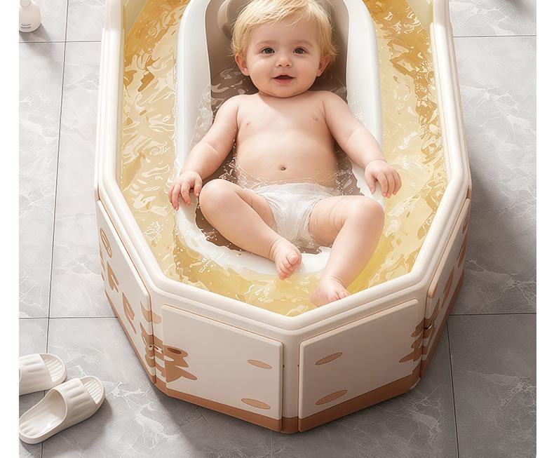 Eco-Friendly Portable Folding Baby Bathtub: Thick, Insulated, Large Sit & Lie Design with Quick Open, No Installation Required, Cartoon Patterned.