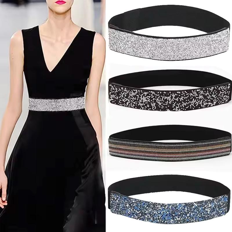 1Pc Full Diamante Wide Women's Ladies Dress Imitation Leather Stretch Waistband Rhinestone Belt