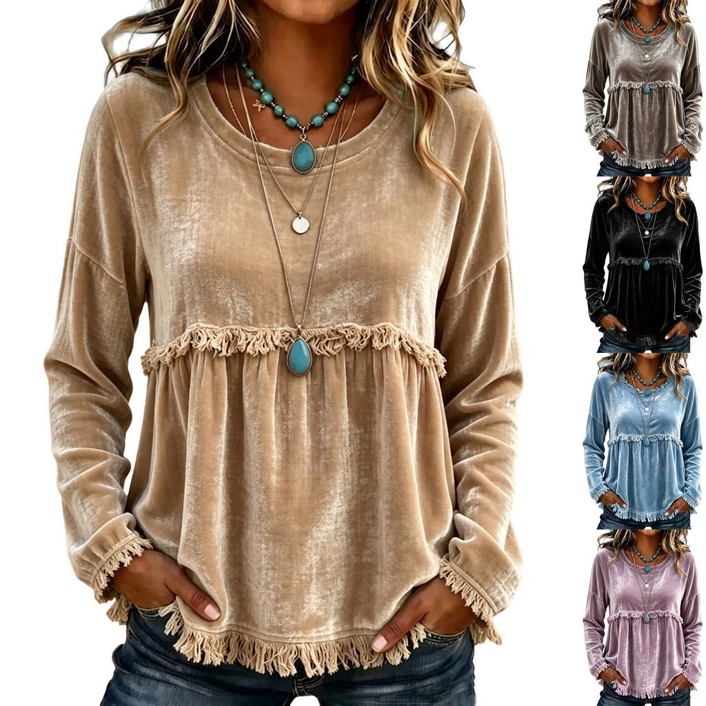 Women's Casual Loose Fit V-Neck Long Sleeve Fringed Color Shirt