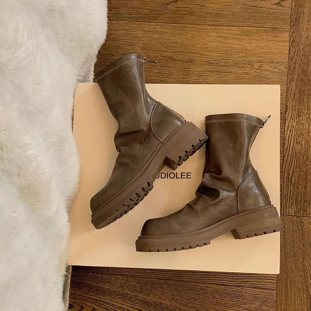 Verze z hovězí kůže hroznová matka silná podrážka retro kožené plisované zadní zip stohované krátké boty dámské tenké boty britské Martensky