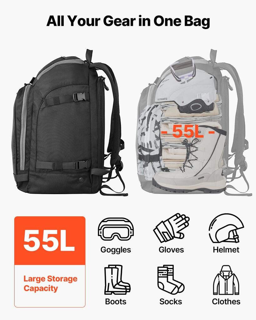 Ski Boot Bag, 55L, Snowboard Boots Travel Backpack for Men Women, with Waterproof Exterior & Bottom, Durable 1680D Oxford, Bag for Skis, Snowboard,