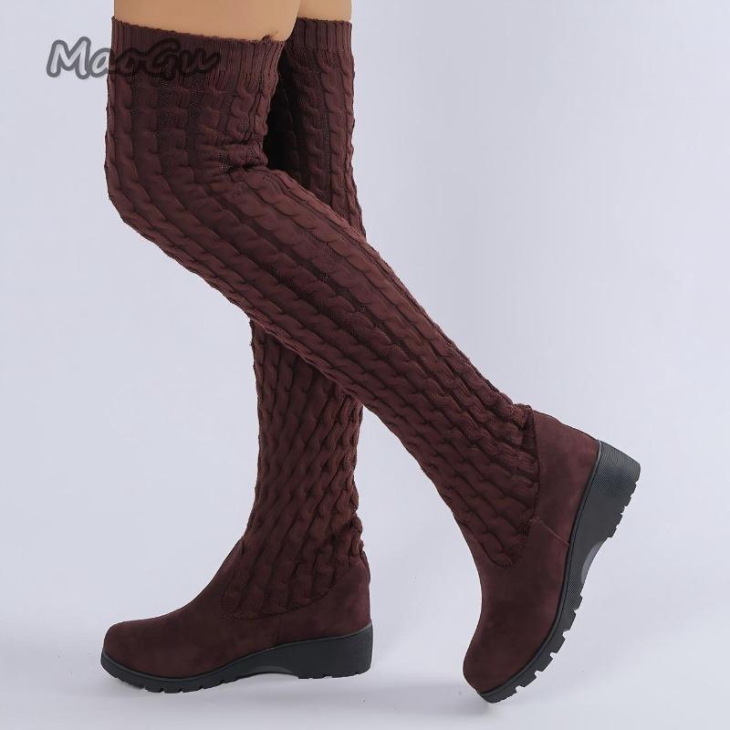 Größe 35-41 Damen Keilabsatz Oberschenkelhohe Stiefel Strick Stretch Sockenstiefel Rutschfest Herbst Winter Mode Über das Knie Lange Stiefel 2026