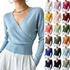 Damen Farbe Langarm Überkreuz Vorne Taille Binden Strickoberteil
