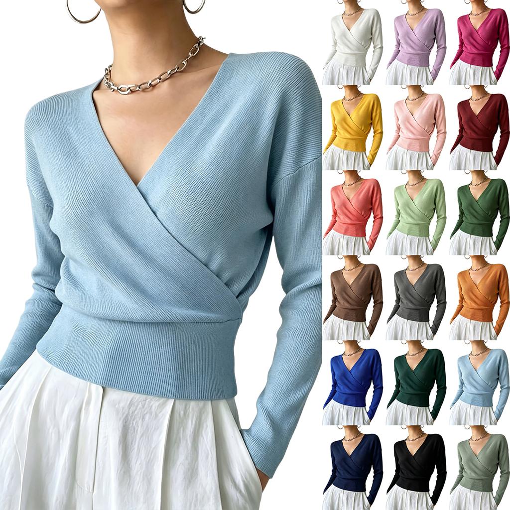 Women's Color Long Sleeve Cross Front Waist Tie Knit Top