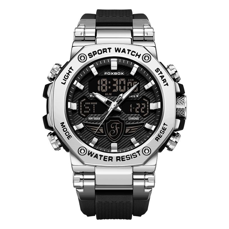 For FB0062 Luxury Gold Sport Watch Men 50m Waterproof Quartz Luminous Hands Chronograph Digital Watch Alarm Stop Silicone Watch